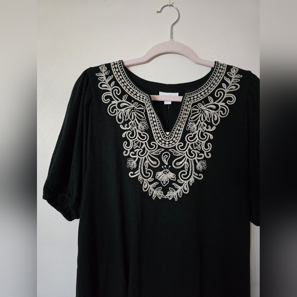 New J. Jill Womens Small Relax Fit Embroidered Cotton Blend Black Shift Dress - Picture 6 of 9